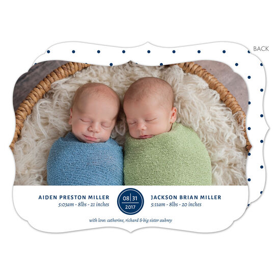 Navy Circle Date Twins Photo Birth Announcements